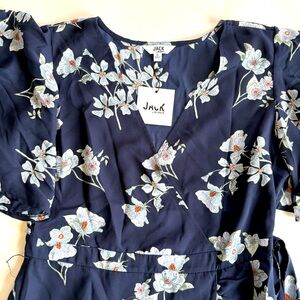 Jack BB Dakota Women's Large Navy Floral Dress Flutter Sleeves Mini Length‎ Belt